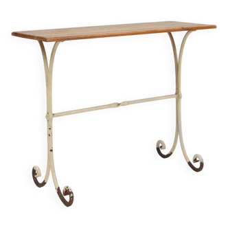 Elegant French bistro table with beige metal base and oak top, ca. 1950