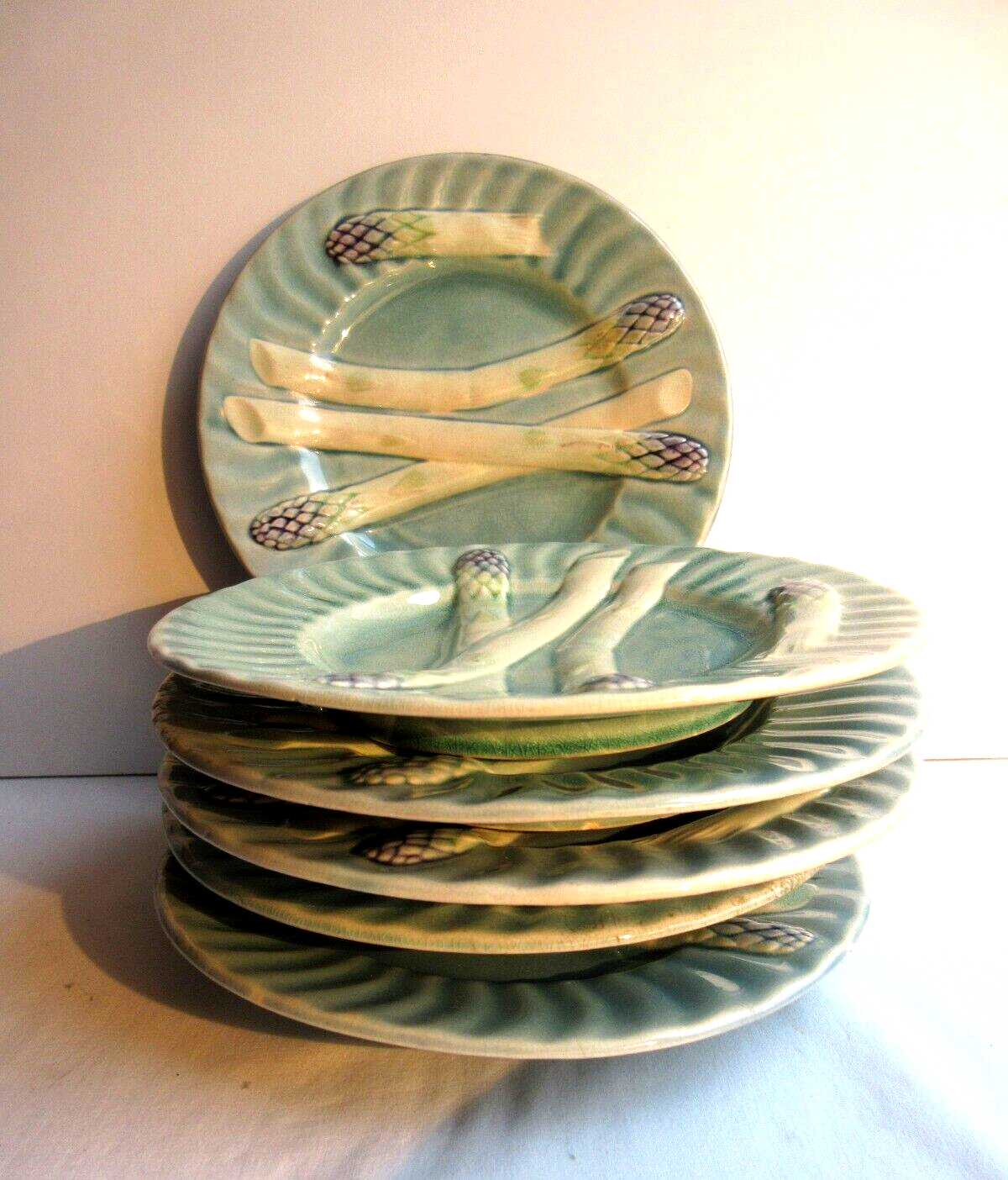 6 blue asparagus plates in slip from Lunéville KG Art Deco