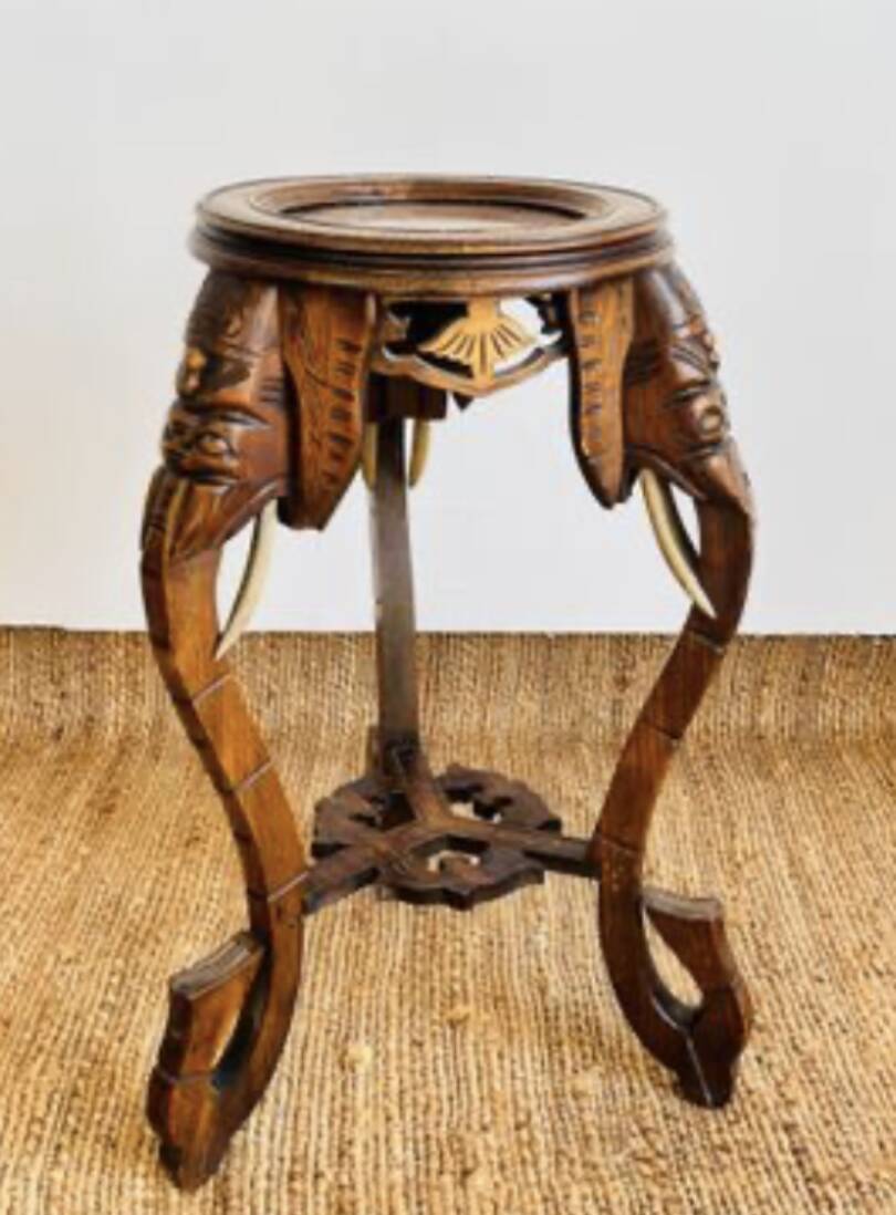 Carved wooden stool, red marble top, early 20th century