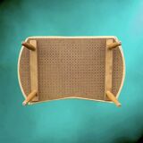 Vintage storage stool with compass legs in white faux leather and leopard velvet.