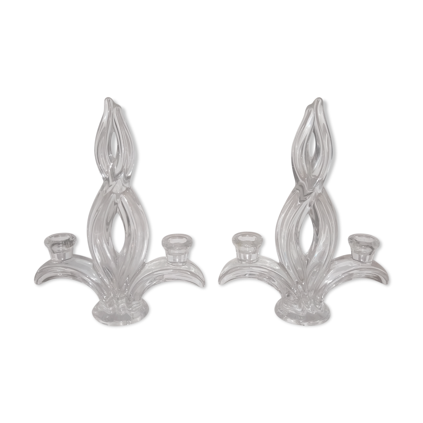 Pair of glass candle holders signed Vannes France