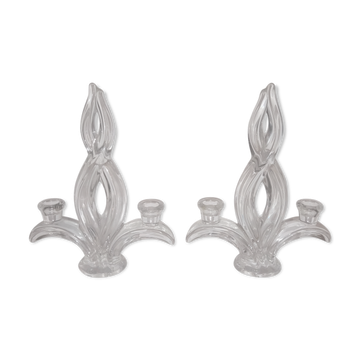 Pair of glass candle holders signed Vannes France