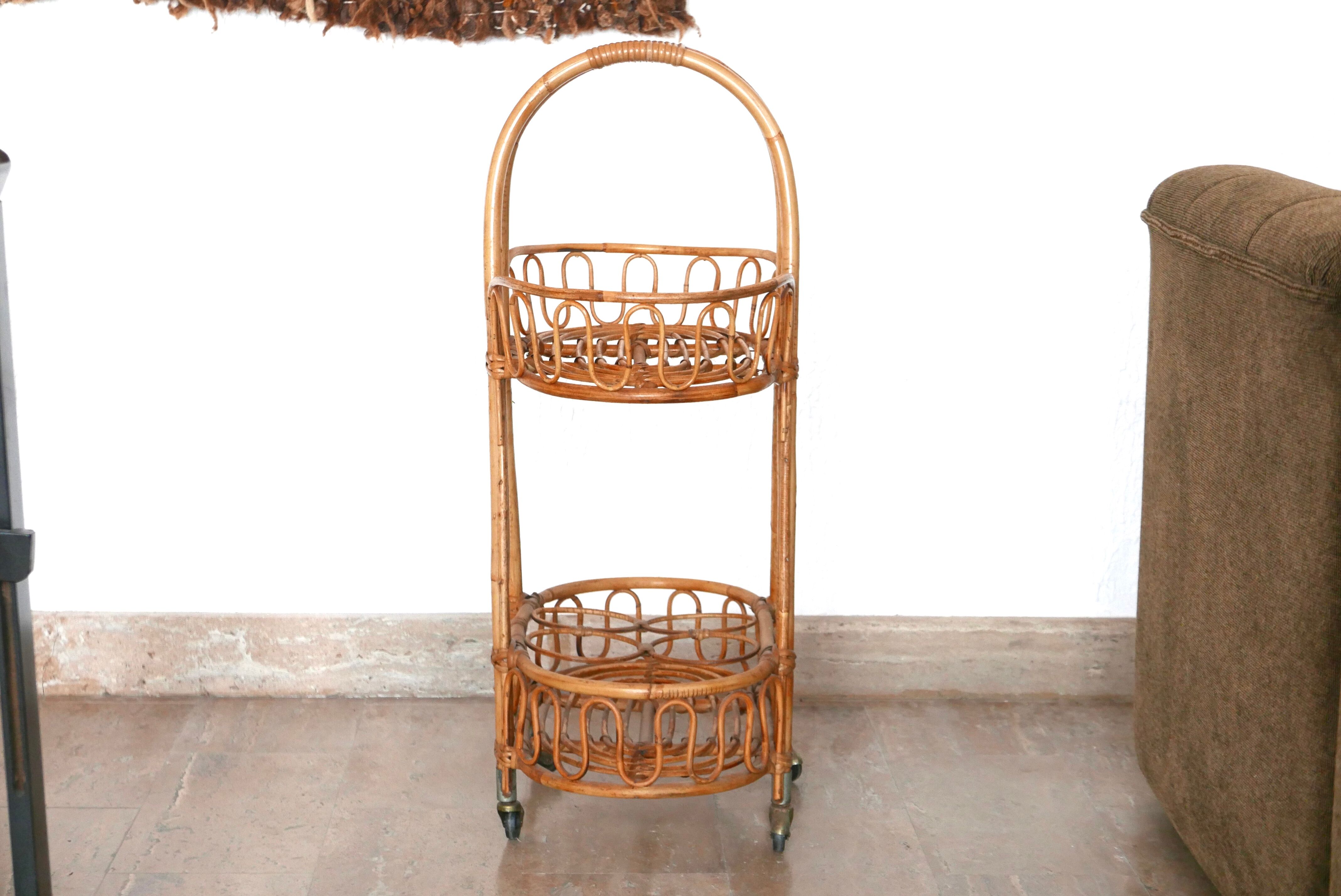 Rattan and bamboo trolley on wheels, 1950s
