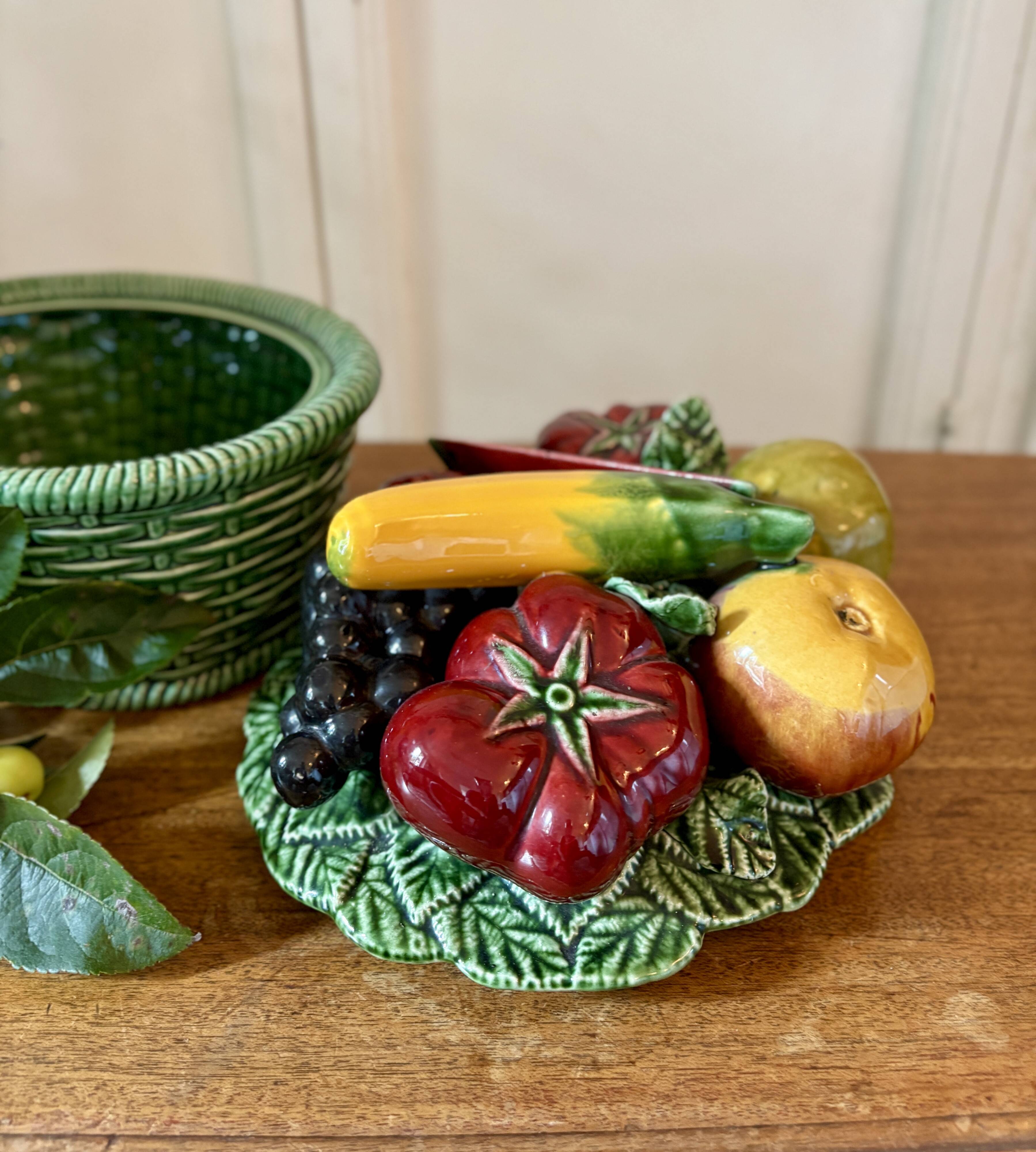 Vintage barbotine dish with fruit decorations