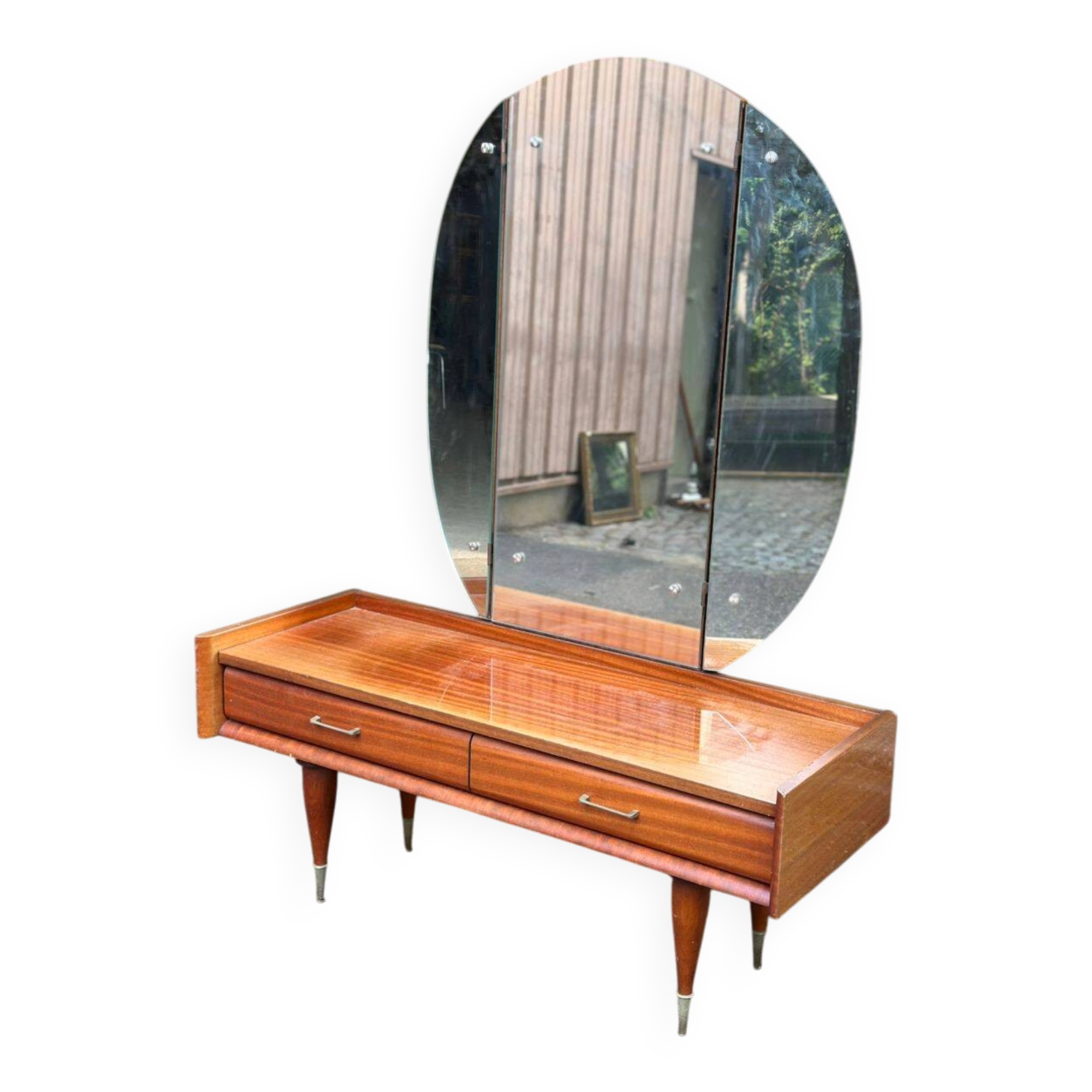 Coiffeuse scandinave en bois des années 50 avec miroir triptyque