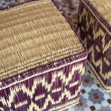 Set of two pouf seat cube rattan wicker graphic ikat red burgundy purple magenta