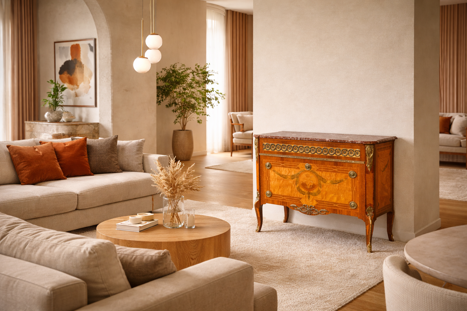 Commode en marqueterie de style Gustavien suédois du milieu du 20e siècle avec marbre