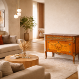 Commode en marqueterie de style Gustavien suédois du milieu du 20e siècle avec marbre