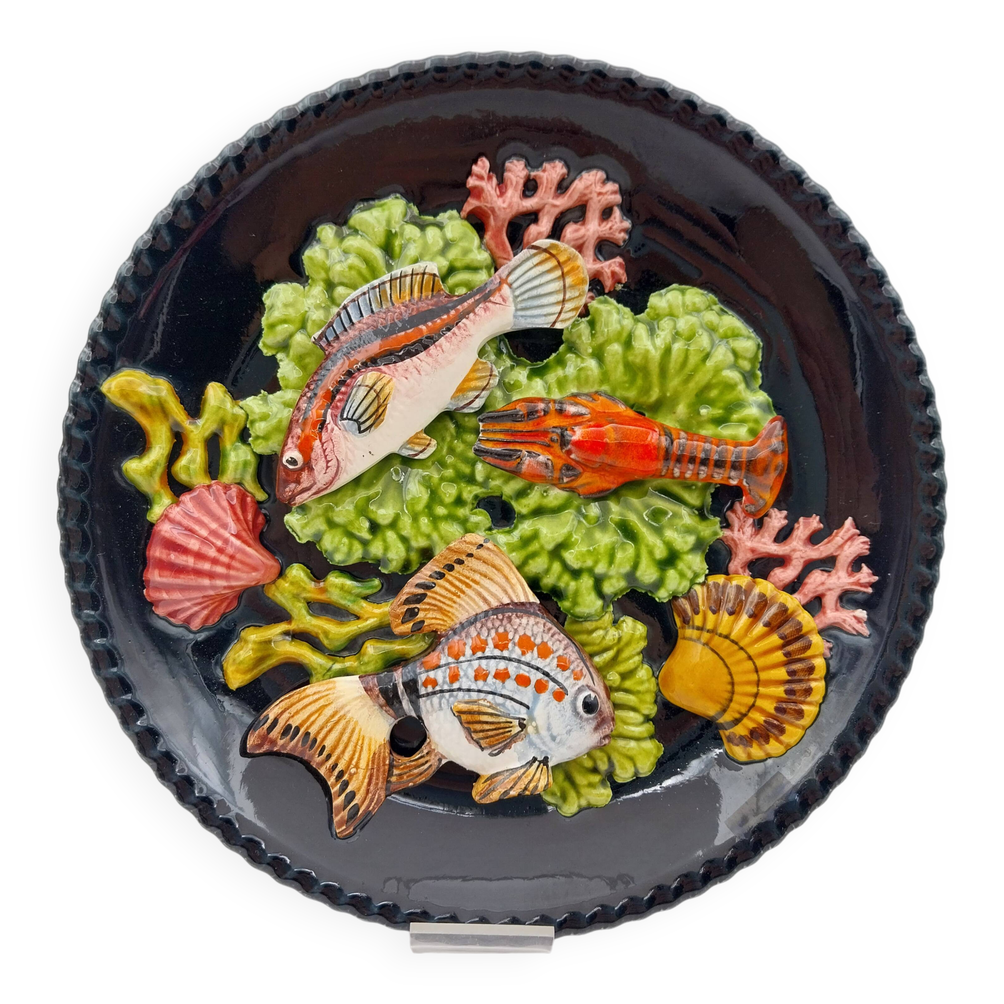 Ceramic plate barbotine vallauris trompe l'oeil kitsch Fish