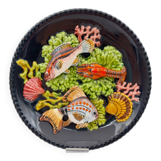 Ceramic plate barbotine vallauris trompe l'oeil kitsch Fish
