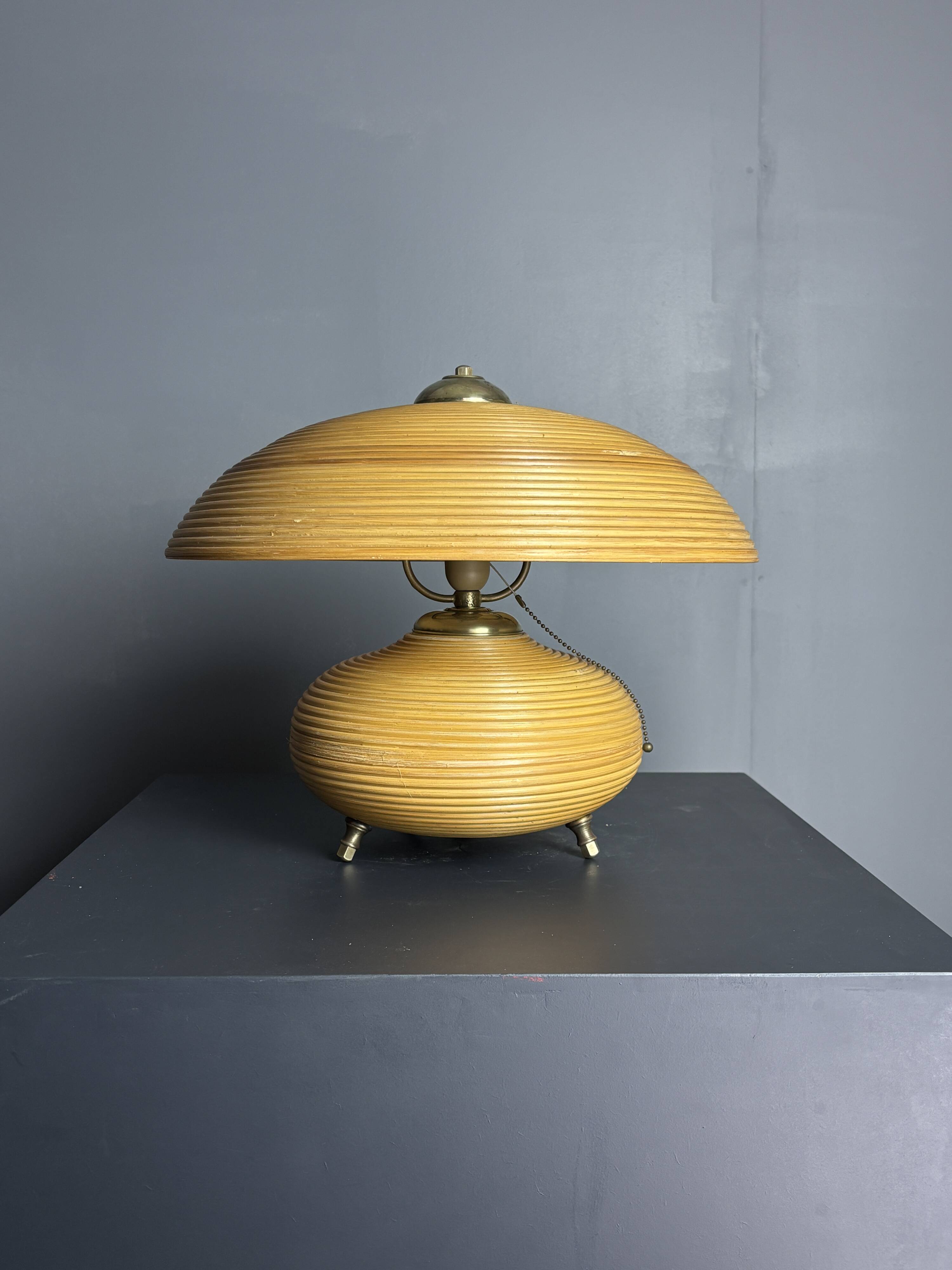 Pencil Reed Rattan Bamboo and Brass Mushroom Table Lamp, Italy, 1970s