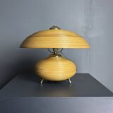 Pencil Reed Rattan Bamboo and Brass Mushroom Table Lamp, Italy, 1970s