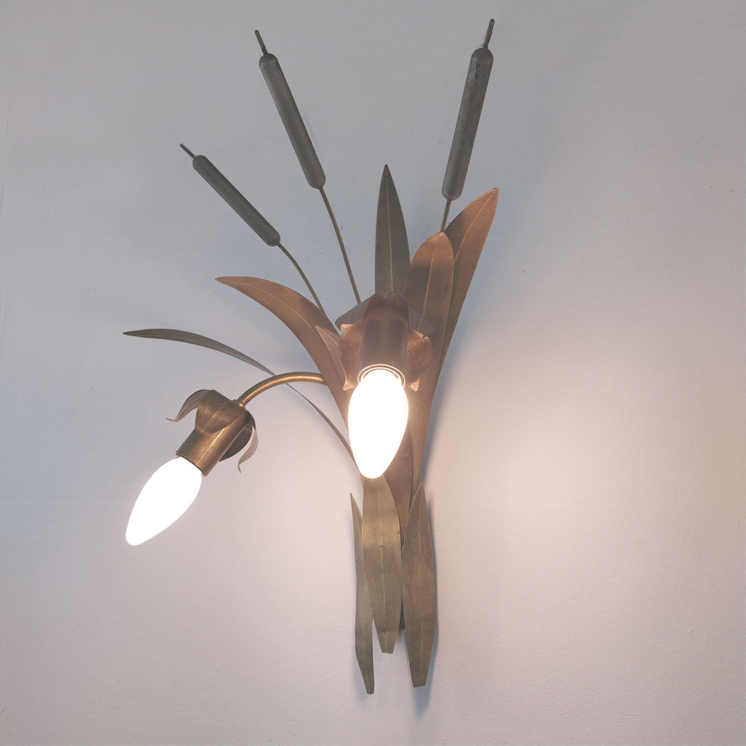 Pair reed and brass leaves sconces