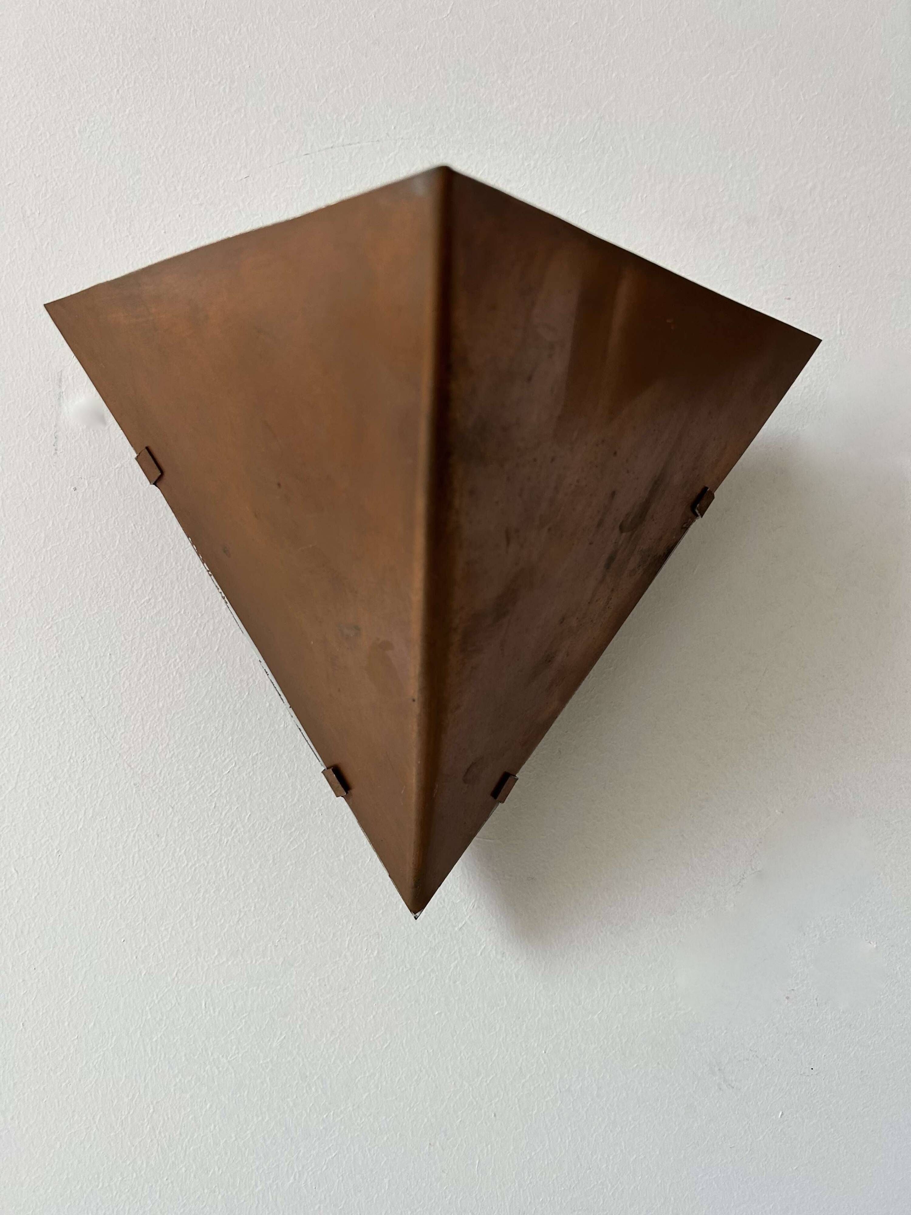 Pair of vintage geometric wall lights, patinated copper, France 1960