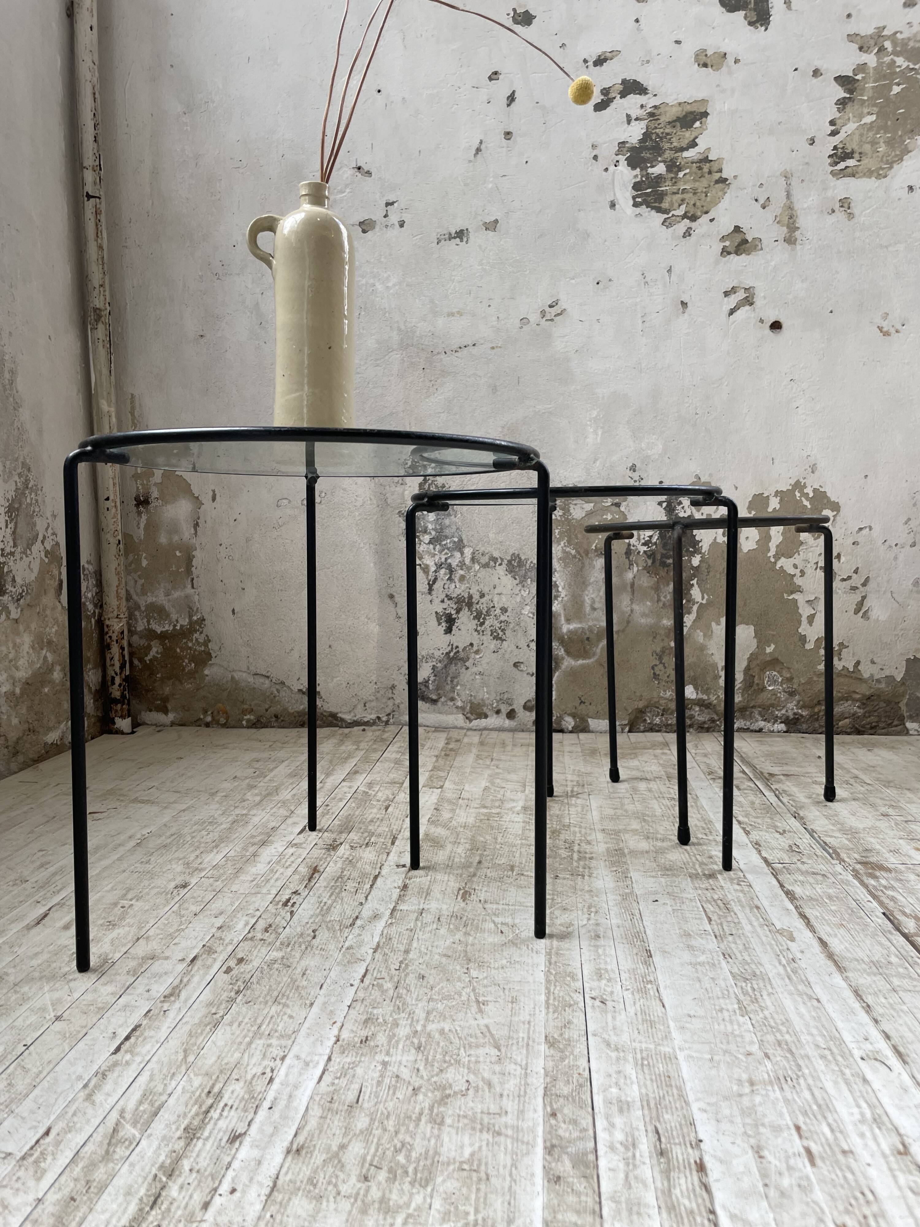 50s metal and glass nesting coffee tables