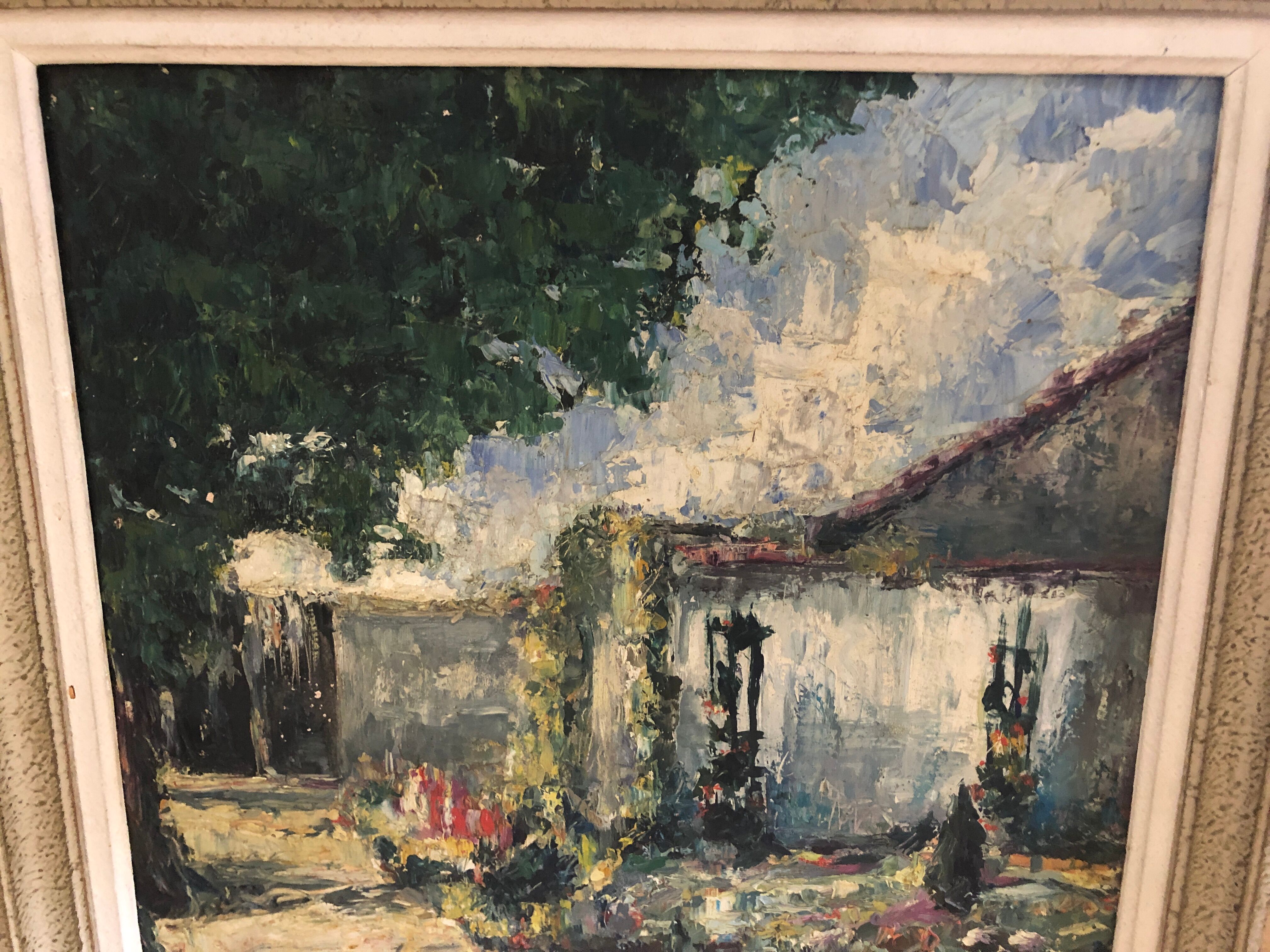 Ancien tableau huile au couteau sur panneau avec cadre bois vintage