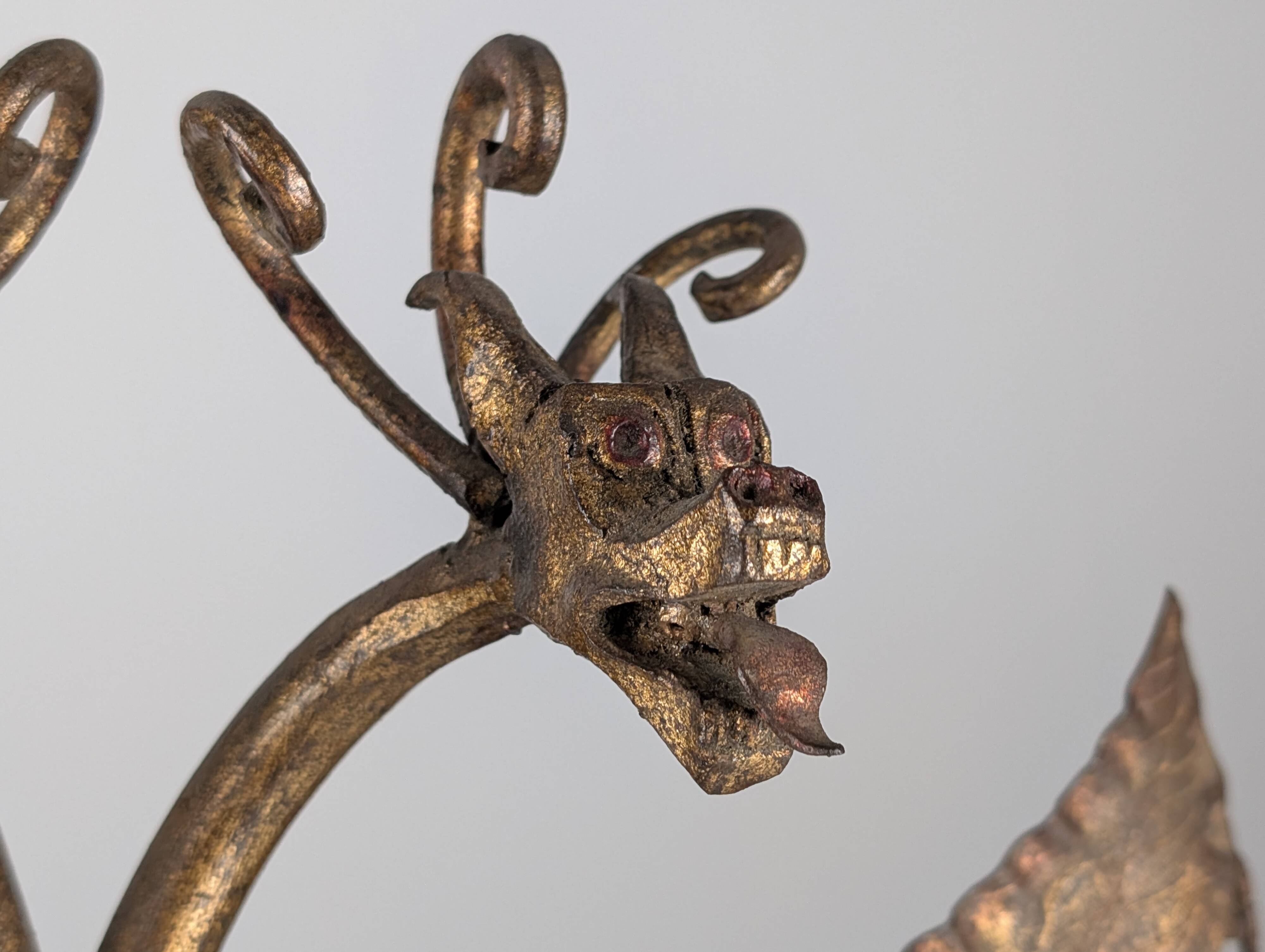 Spanish Neogothic Style Gilded Iron Mirror with Two-Headed Dragon