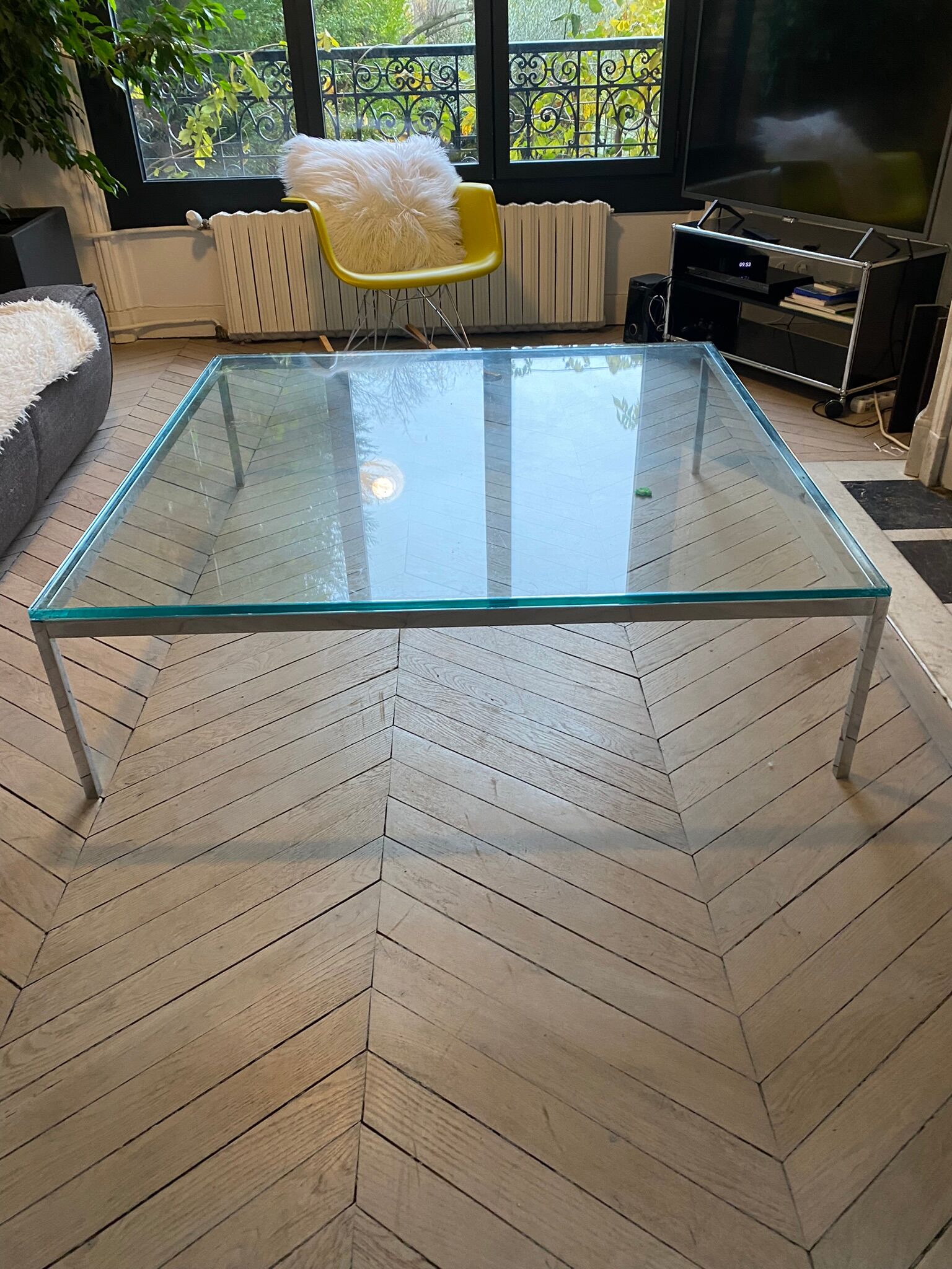 Table basse design Italien verre épais et acier brossé