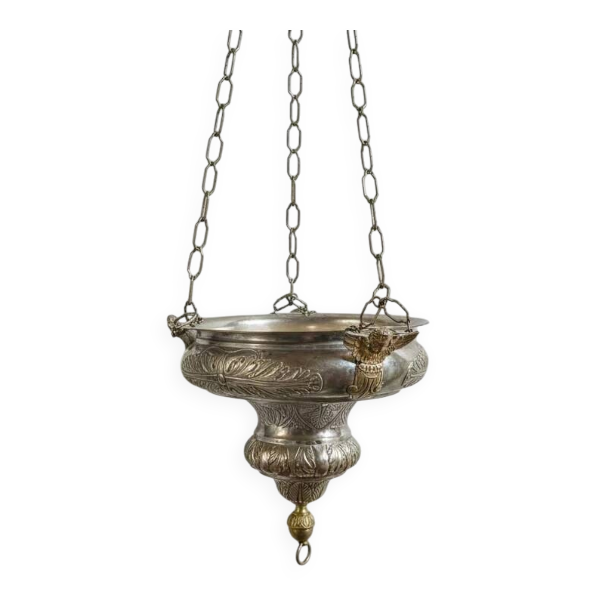 Ancient sanctuary lamp, silver-plated brass, winged angel, 130 cm.