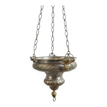 Ancient sanctuary lamp, silver-plated brass, winged angel, 130 cm.