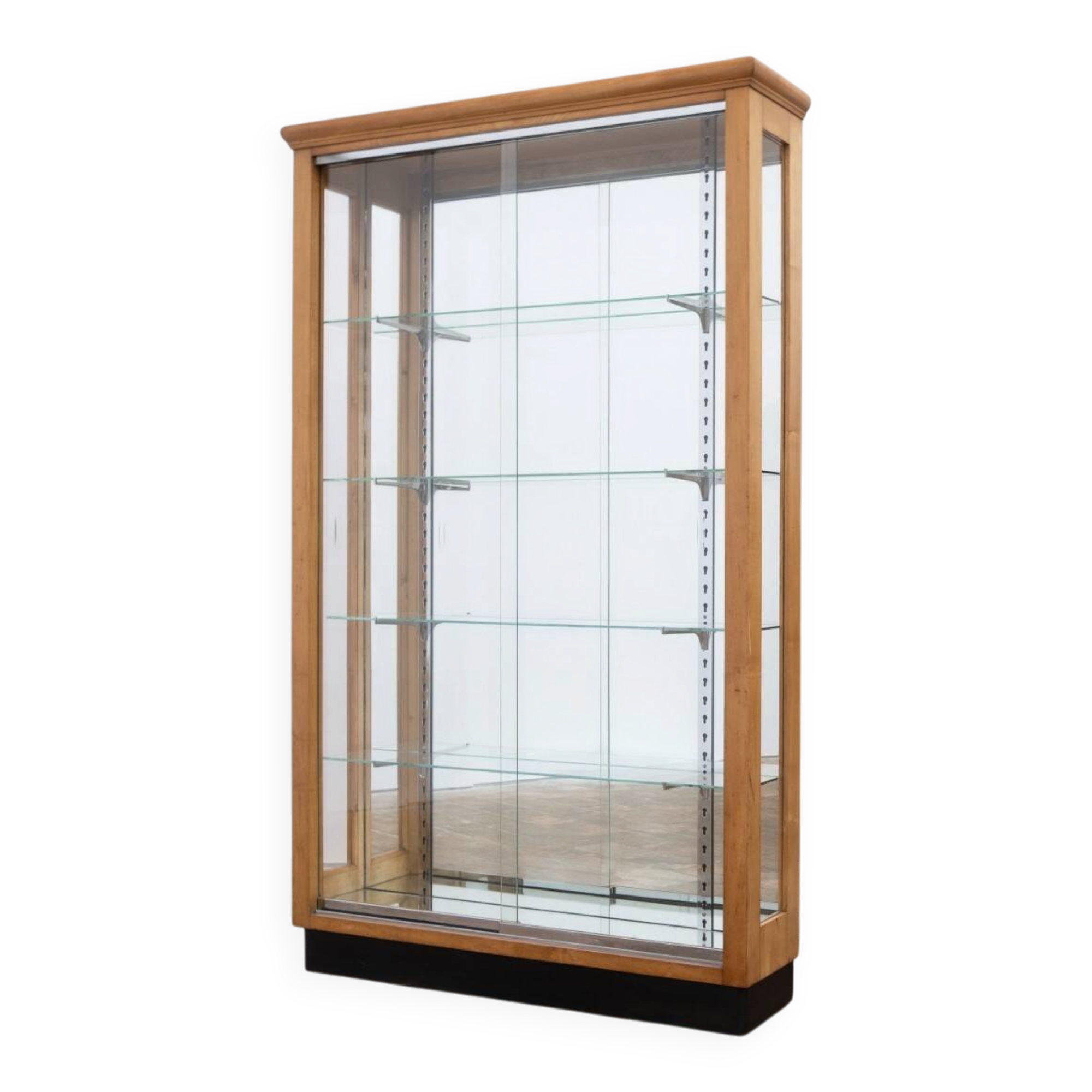 Blonde walnut display cabinet with sliding glass doors – 20th century