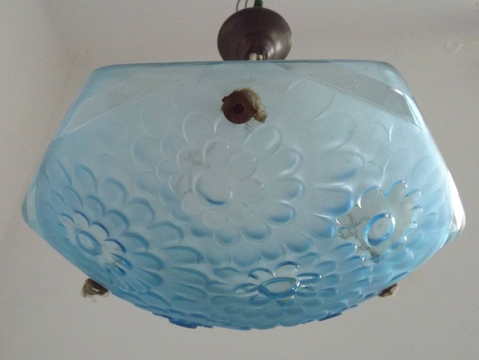 French Art Deco Degué Ice Blue Hexagonal Glass Pendant Ceiling Light