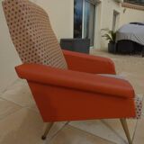 Retro vintage rockabilly armchair in orange faux leather and vintage fabrics
