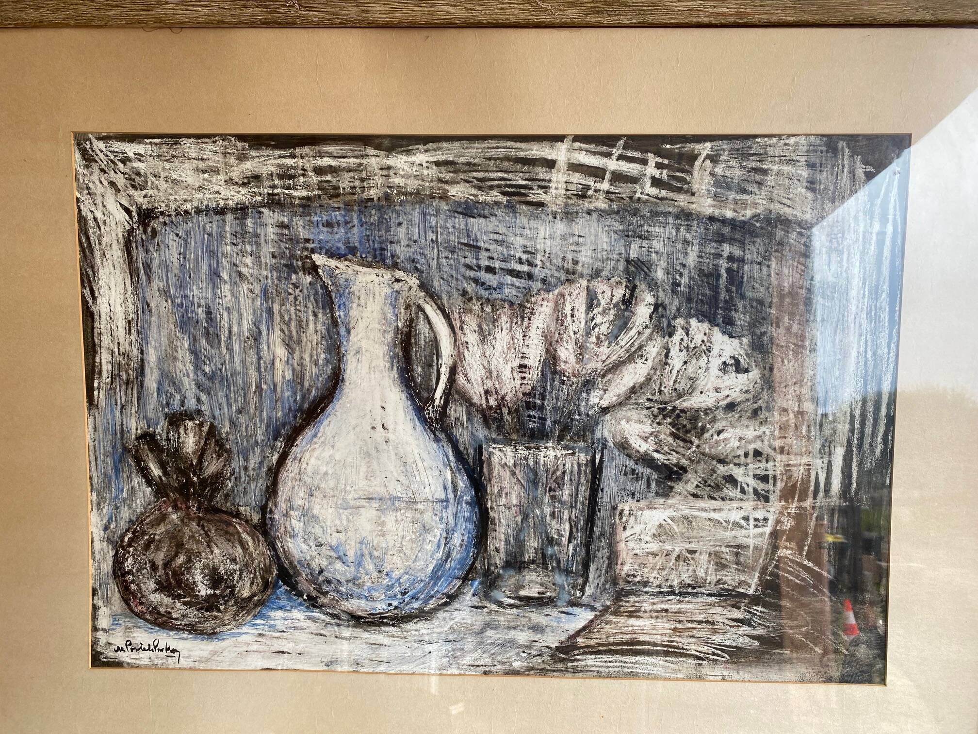 Still life modern gouache painting on paper signed and framed