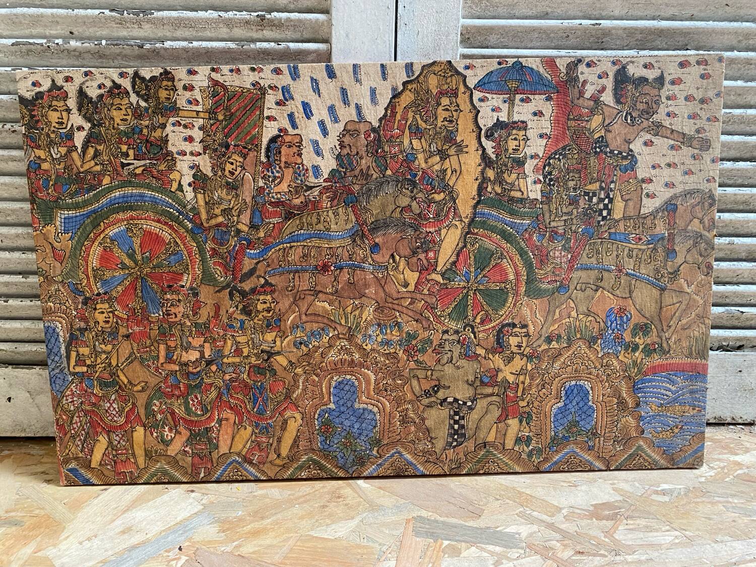 Ancien kamasan textile peint main bali mythologie guerre vintage