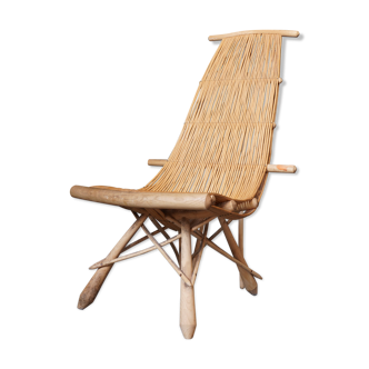 Mid century 1970s ash & wicker lounge chair