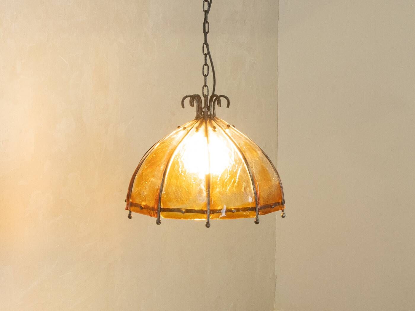 Brutalist ceiling lamp from the 1970s with orange glass shade