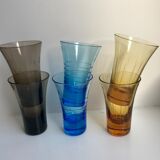 Set of 6 colored and engraved design shot glasses 60s-70s