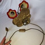 Brass water lily lamp and glass paste tulip, double, art nouveau style.