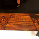 Series of three nesting tables, lacquer decorated with trendy birds and marquetry. circa 1900