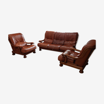Ensemble canapé 3 places et ses 2 fauteuils en cuir vintage