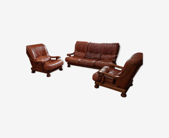 Set sofa 3 places and its 2 armchairs in vintage leather