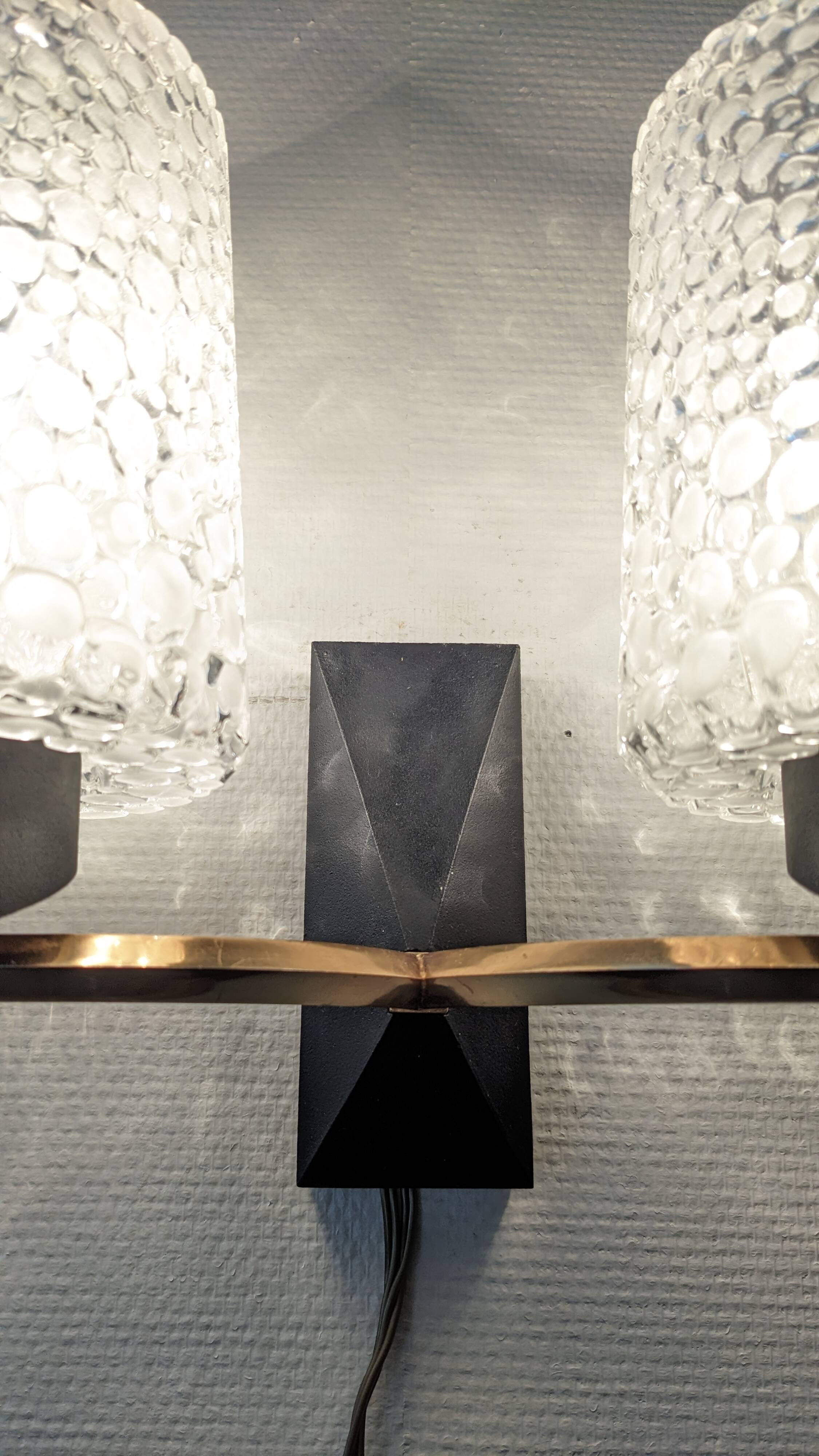 Pair of double wall lights in bubbled glass by Maison Arlus, France circa 1960.