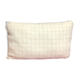 Beige linen cushion with checkered pattern and shiny dark gray piping