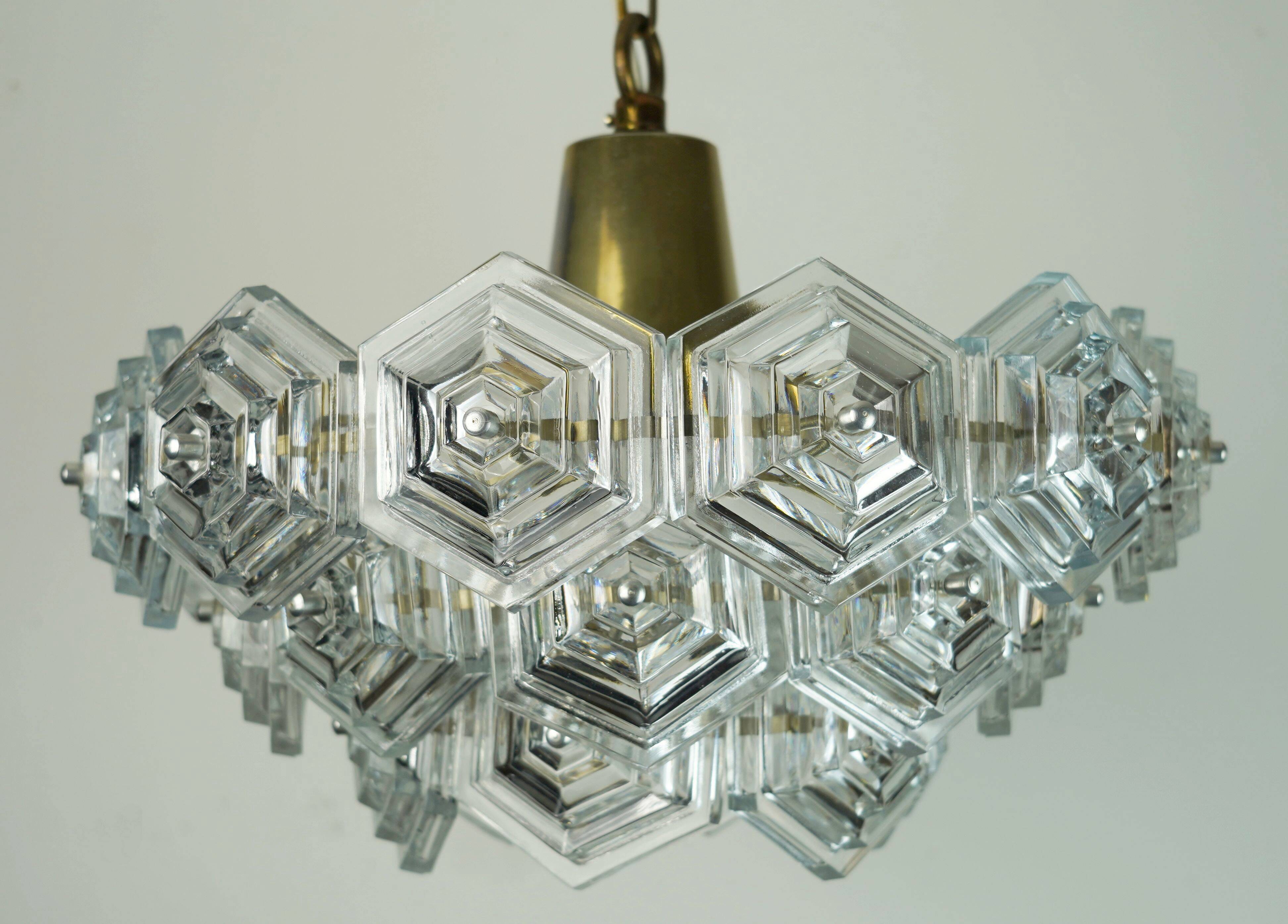 3-tier mid century pendant light with 27 hexagonal glass panels 1960s 70s