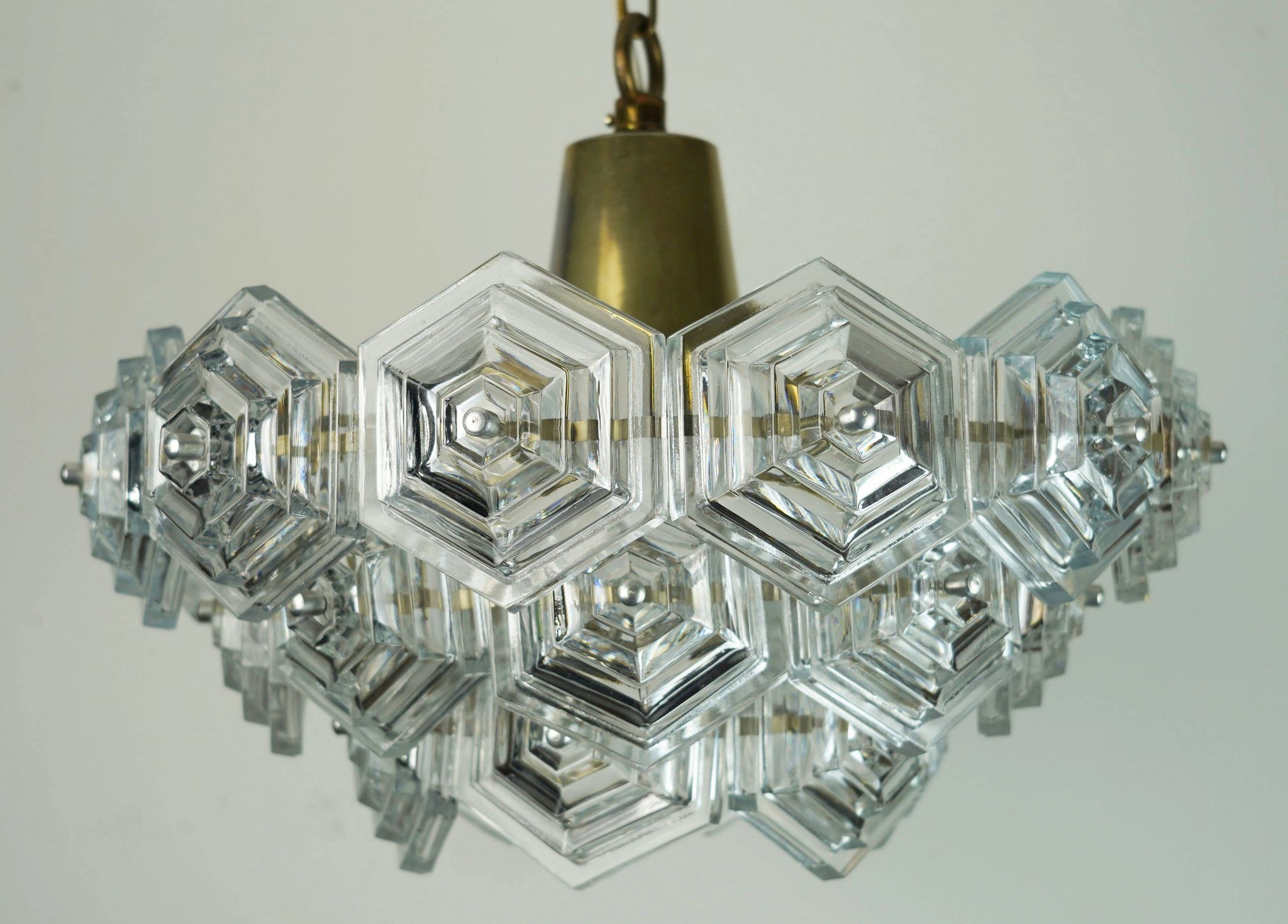 3-tier mid century pendant light with 27 hexagonal glass panels 1960s 70s