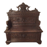 Gothic church chest bench in carved oak