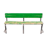 Ancien banc d’École en bois peint en vert et piétement métal rouillé