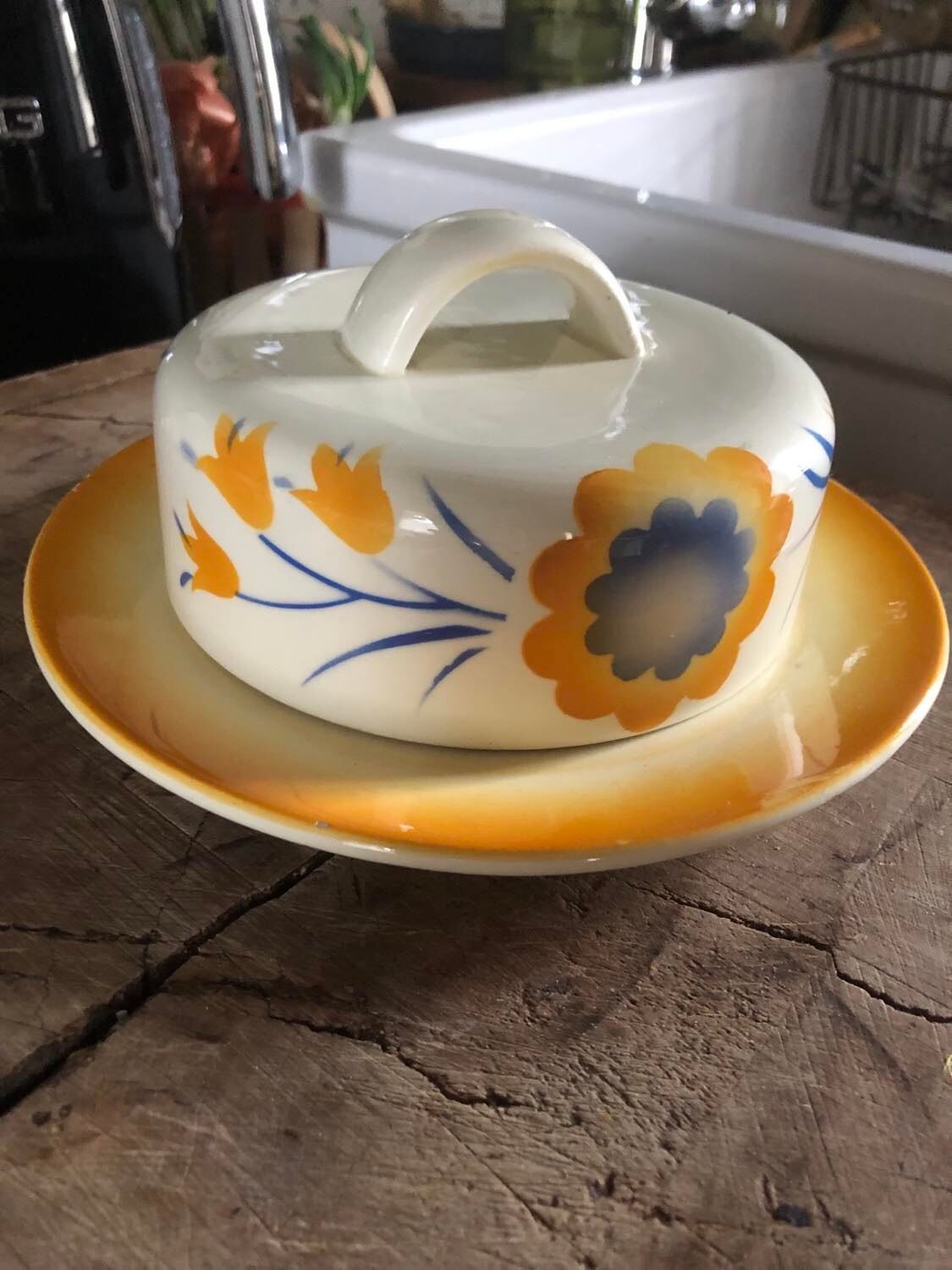 Old ceramic butter dish Deutschland Vintage yellow with flowers