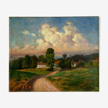 Ancient painting, landscape Field signed Blain early 20th century
