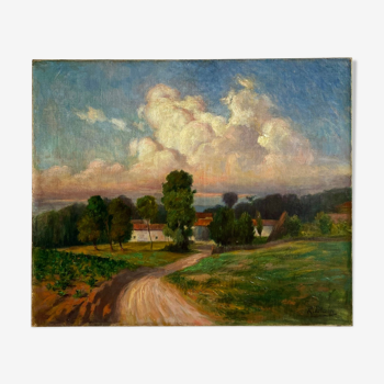 Tableau ancien paysage champêtre signé blain début xx siècle