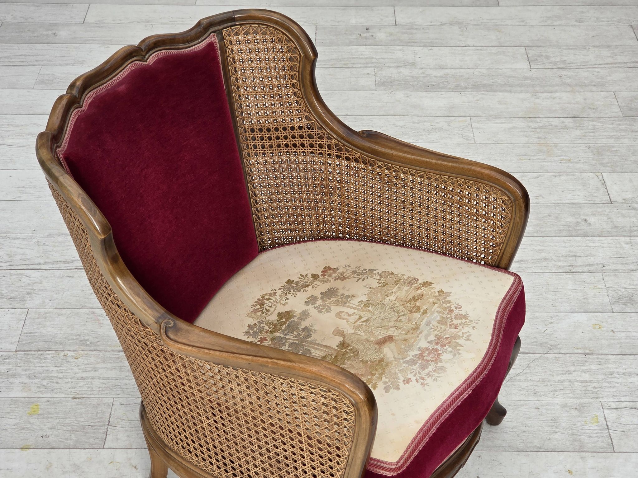 1950s, Danish armchair, furniture velour, ash wood,, mesh.