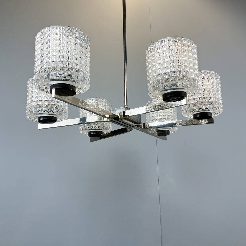 Six-light chandelier by Kaiser Leuchten, chrome, glass, vintage of the 60s