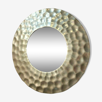 Hammered aluminum round mirror, Deknudt house, distributed by Homka