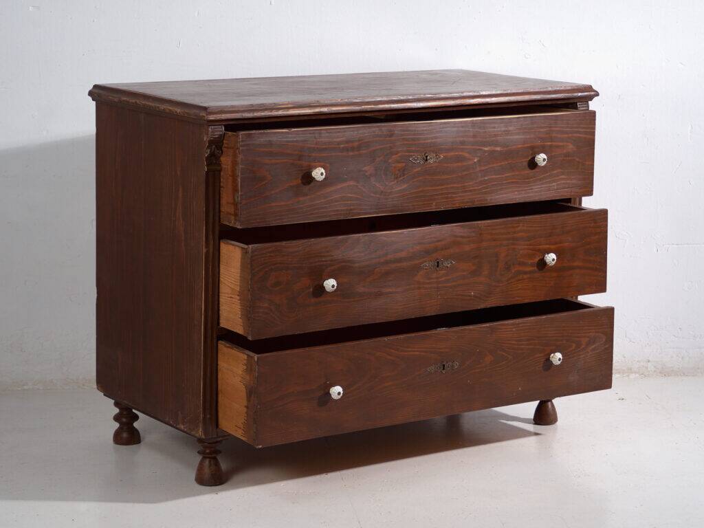 Antique solid pine chest of drawers – European rustic furniture with ceramic handles – circa 1900