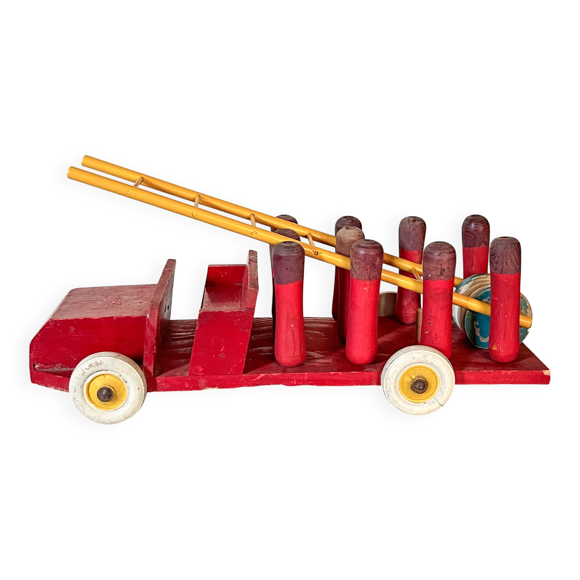 camion de pompier jeu de quilles en bois, jouet ancien années 30/40